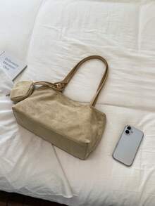 1pc Fashionable Minimalist Solid Color Large Capacity Tote Bag, Suede Versatile Shoulder Bag, Small Bag Attachment Design Underarm Bag, Suitable For University, Commuting, Shopping, Street Shopping, Daily Use - Khaki - View 7