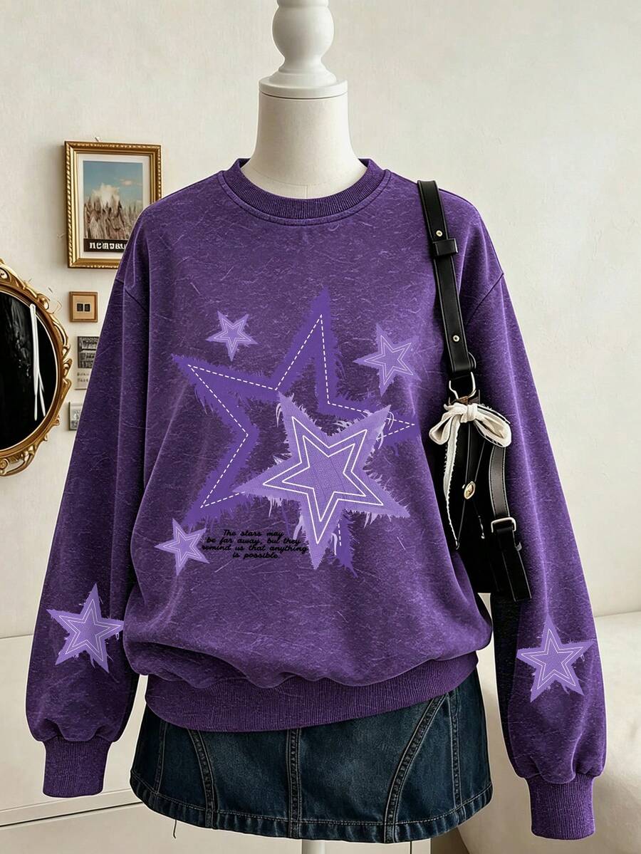 Girls Versatile Snowflake Round Neck Long Sleeve Star Print Casual Sweatshirt, Comfortable Fashionable Student Teenager Casual Pullover, Suitable For Autumn And Outdoor Activities - Purple - View 1