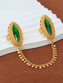 1pc 24k Gold Plated Red&Emerald Marquise Cubic Zirconia Double Finger Linked Ring With Tassel Coin Chain,Luxury Women's Jewelry For Party,Holiday Gift - Light Luxury - View 8