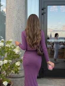 Elegant Long Sleeve Cardigan & Camisole Slim Fit Flattering Dress Set - Purple - View 5