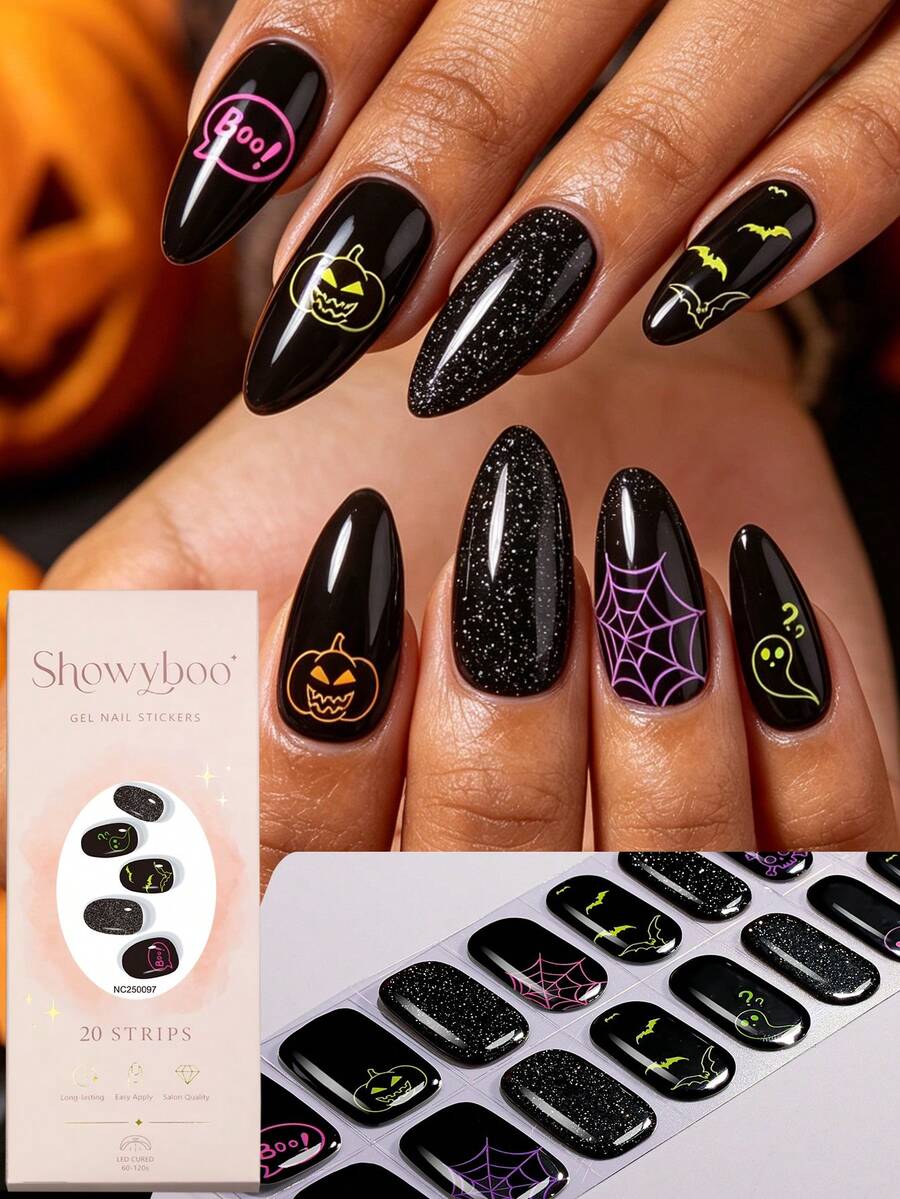 Adesivos de Unha em Gel Semi-Curados Showyboo 20 Peças, Base Preta de Halloween com Estampa de Abóbora Neon, Morcego, Fantasma, Letra Boo, Cobertura Total, Arte de Unhas para Jogos de Mistério, Salas de Escape, Comic Con, Festa de Feriado