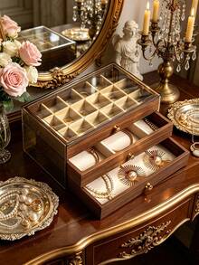 1pc Acrylic Walnut Wood Grain Jewelry Box, Wear-Resistant Acrylic Shell, Dust-Proof Visible Crystal Handle, Home Storage, Bracelet, Gift Choice, Wear-Resistant Texture, Layered, Partitioned, Large Capacity, Necklace, Ring, Earring, Scratch-Resistant, Dust-Proof - Multicolor - View 6