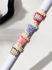 4pcs Cartoon Cute Realistic Colorful Popcorn Bucket Rings, Heart Polka Dot Stripe Elements, Suitable For Wearing During Movies, Friends Party Gatherings, Ideal Gift For Friends. - Multicolor - View 4