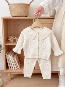 Baby Girl Gentle Knitted 2 Pieces Set, Cream White Hollow Cable Knit Puff Ball Collar Cardigan And Loose Cuffed Long Pants - Apricot - View 4