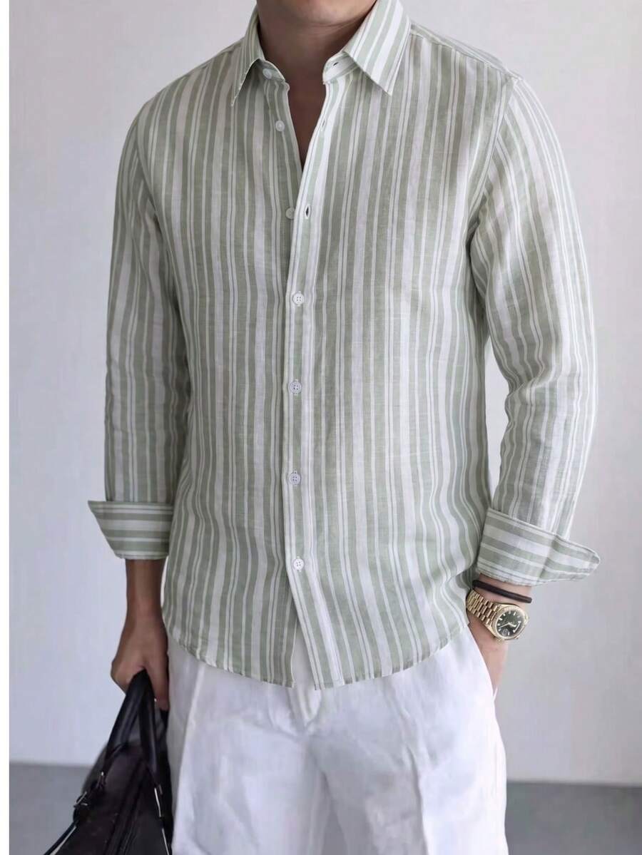 Men's Striped Versatile Casual Daily Long Sleeve Shirt - Multicolor - View 1