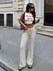Fall/Winter Colorblock Polka Dot Casual Pants For Women, Versatile For Home And Going Out, Draped Low Waist Straight Leg Long Pants - White - View 8