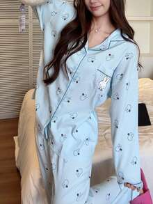 Gongdie 2 Pieces Miffy Women's Pajama Set,Fall Blue Soft Loungewear With Pocket - Baby Blue - View 10
