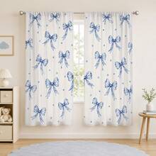 2Pcs Blue Watercolor Bow & Star Print Curtains, Fresh Artistic Pattern, Living Room Bedroom Home Decor Hanging Curtains - Baby Blue - View 9