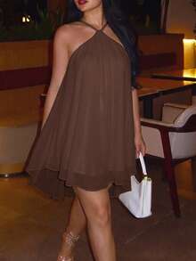 Casual Sexy Fashion Halter Neck Backless Chiffon Loose Fit Dress, Asymmetric Hem Elegant Style - Brown - View 6