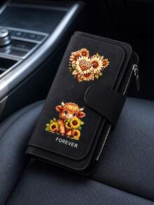 Printed Pu Wallet With Scottish Highland Bull Hug Sunflower And Leopard Print Heart-Shaped Floral Pattern, Can Be Used As A Wallet, Card Bag, Handbag, And Multifunctional Storage Bag. It's The Perfect Gift For Birthdays, Thanksgiving, And Christmas,Travel Essential - Multicolor - View 6
