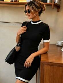 Women's Ribbed Knit Contrast Trim Mock Neck Short Sleeve Fitted Mini Dress, Back To School Daily Autumn Outfit Black - Black - View 2