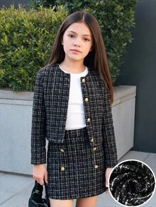 青少年女孩 2 件套秋冬基礎版型粗花呢印花加厚夾克，金色鈕扣裝飾，格紋學院風秋季套裝 - 黑色 - 查看 1