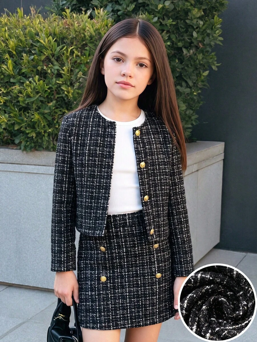 青少年女孩 2 件套秋冬基礎版型粗花呢印花加厚夾克，金色鈕扣裝飾，格紋學院風秋季套裝 - 黑色 - 查看 1