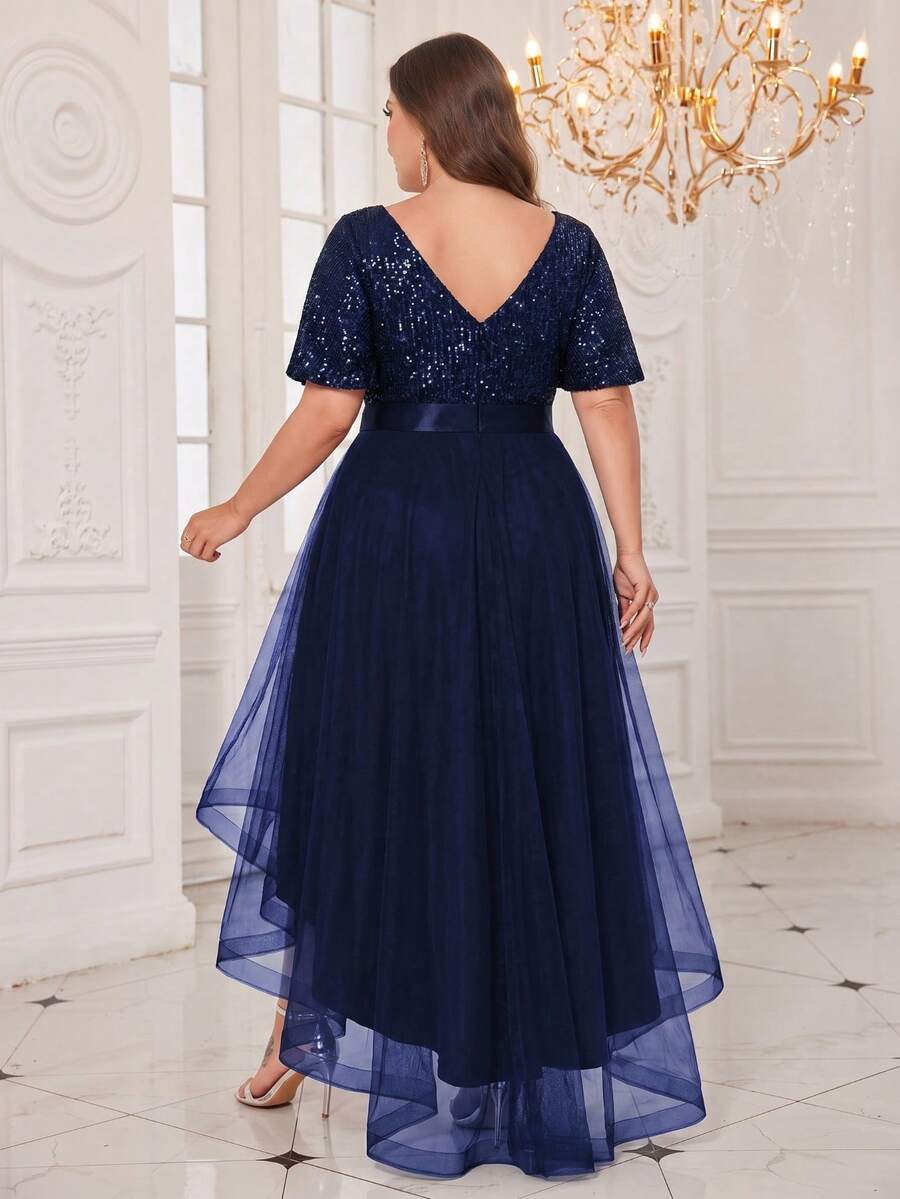 XUCTHHC Plus Size Elegant Party V-Neck Ruffle Sleeve Sequin High-Low Hem Mesh Skirt Formal Ball Gown, Wedding Guest, Cocktail Party, Holiday, Autumn/Winter - Navy Blue - View 1