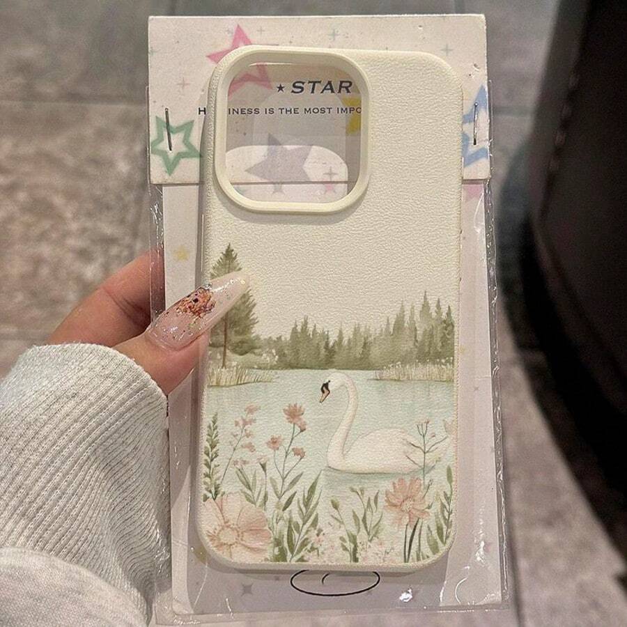 1件個性化天鵝波點圖案美學風格黑色液態直邊手機殼,適用於 iPhone 16/16Pro/16Plus - 彩色 - 查看 1