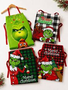 The Grinch The Christmas Kitchen Aprons, Festive Character Print Bib Apron Set With Plaid Designs For Holiday Cooking, Baking And Christmas Party - Multicolor - View 5
