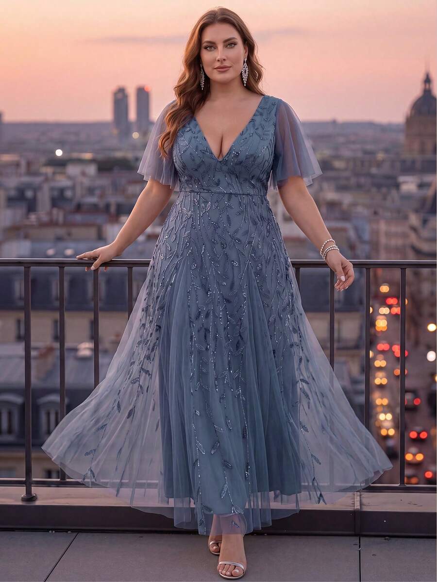 EVERPRETTY Women's Elegant Plus Size V-Neck Ruffle Sleeve Mesh Sequin Embroidered Long Formal Dress For Evening Party Wedding Guest Formal Occasions Fall - Dusty Blue - View 1