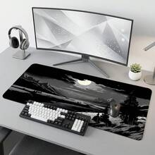 Moonlight Mountain Landscape Cloud-Covered Moon Pattern Extra Long Gaming Mouse Pad And Desk Mat Set, Non-Slip Durable Rubber Base, Smooth Surface Suitable For Computer Laptop Office Home, Abstract Art Decor, Back To School Supplies - A - View 7