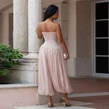 Women's Sleeveless Pink Knit Fabric Short Jumpsuit, Slight Stretch, Bandeau Design, Harem Pants Style - Pink - View 4