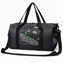 Soccer Ball And Sneaker Print Duffel Bag For Boys And Teens, Gray Zip Travel Holdall With Top Handles And Shoulder Strap For Sports And Weekend Trips - BALL-34 - View 12