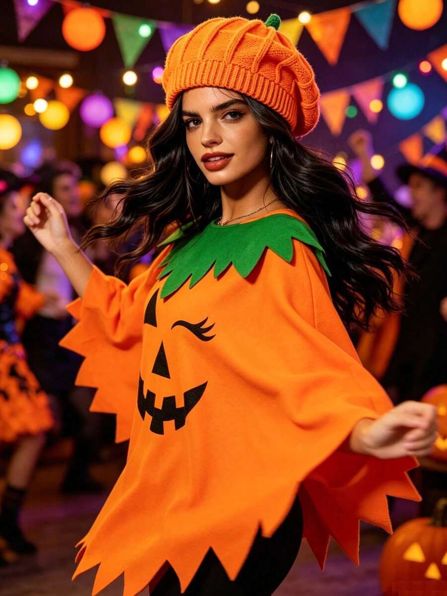 2pcs/Set Halloween Pumpkin Face Poncho Costume Set Knit Pumpkin Hat Party Outfit For Women Holiday Cosplay - Orange - View 1