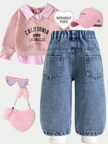 Baby Girl Denim Long Pants, All Season Casual Cute Mid-Blue Distressed Washed Ripped Distressed Frayed Hem Pink Heart Embroidery Elastic Waist Loose Wide Leg Comfortable Soft Premium Cotton Denim Fabric - Medium Wash - View 10