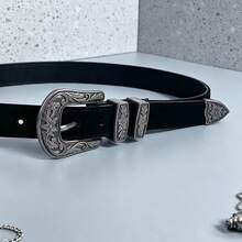 1PC Unisex Retro Western Boho PU Suede‑Like Decor Waist Belt, Engraved Double Metal Buckle For Jeans All‑Season Street Casual Daily Outfit Matching - Black - View 5