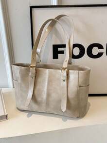 Tas Tote Vintage Pria, Tas Bahu Kerja Kapasitas Besar, Tas Tangan Kantor Bisnis dengan Tali Gesper yang Dapat Diatur untuk Perjalanan Sehari-hari - Krem - View 5