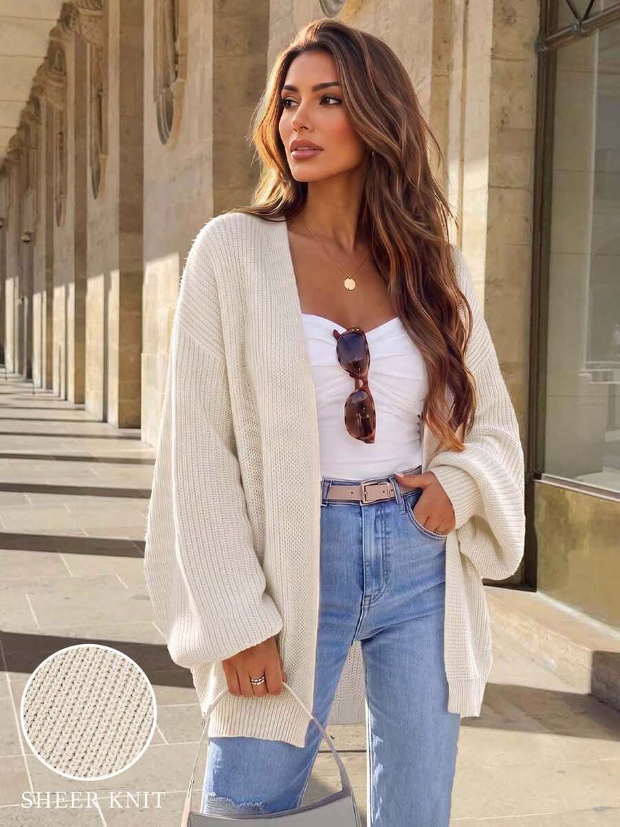 Women's Solid Color Casual Loose Long Sleeve Lantern Sleeve Knit Cardigan, Lightweight Autumn Long Sleeve Top Fall