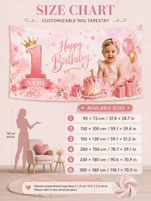 Custom 1st Birthday Photo Tapestry, Personalized Name & Age Pink Floral Party Backdrop, 90g Smooth Polyester Wall Hanging, Baby Girl Birthday Decoration, Nursery Decor, Photo Background, Multiple Sizes Suitable For Party & Home - Multicolor - View 5