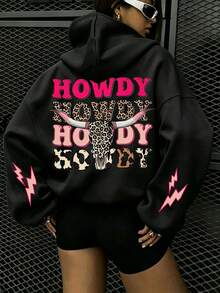 Leopard Print Letter Animal Graphic Hooded Sweatshirt, Plus Size Women's Casual Autumn/Winter Long Sleeve Pocket Sweatshirt Black - Black - View 2