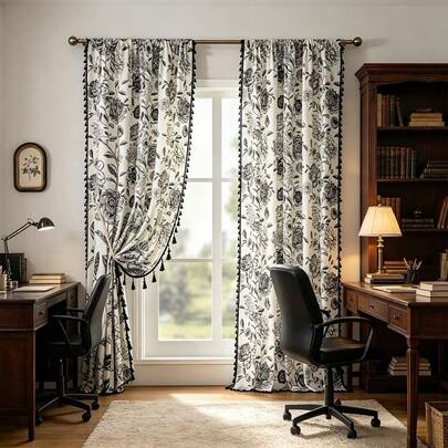 1PC New Off-White Base Black & White Floral Print Curtain, Black Tassel Edge Rod Pocket Style, Vintage French Country Style, Two-Panel Split, Living Room Bedroom Decor Blackout Curtain, 230g/M² Thickened Premium Curtain
