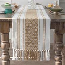 1pc Bohemian Style Hollow Table Runner With Dual-Color Tassel Fringe, Suitable For Wedding, Restaurant, Living Room, Family Gathering, Party, Dinner Table Decoration, Washable And Reusable - Khaki - View 7