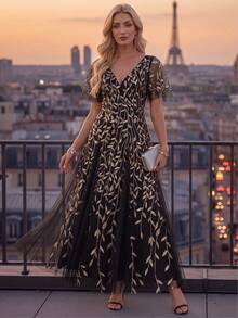EVERPRETTY Elegant Romantic Luxury Butterfly Sleeve Heavy Embroidery Floral Sequin Mesh Formal Evening Gown Vacation Party - Multicolor - View 7