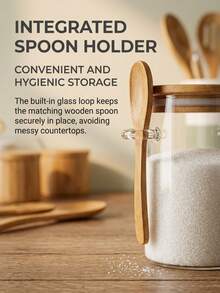 4pcs Set Of Small Straight-Wall Storage Jars With Wooden Lids And Glass Seal, Matching Wooden Spoons, Transparent Body For Easy Identification Of Contents, Suitable For Storing Grains, Tea, Rock Sugar, Coffee Powder - Multicolor - View 6