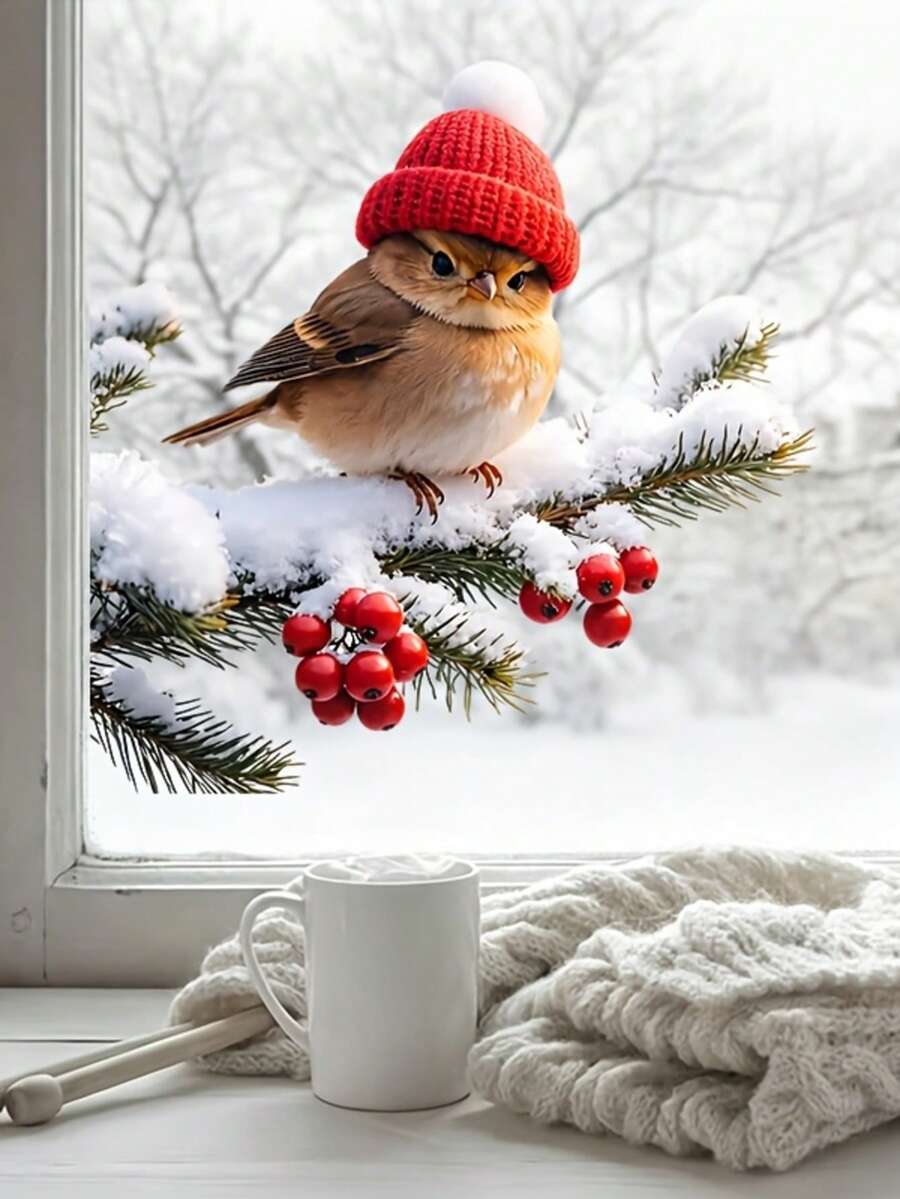 1pc Winter Bird Window Sticker, Cedar Branch Red Knitted Hat Cute Bird & Red Berry Static Cling Window Decal, Christmas Winter Animal Decoration, Double-Sided Visible, No Glue No Residue Sticker, Suitable For Bedroom, Cafe, Farmhouse Home Glass Window Decor, Beautiful Sticker - Winter Bird - View 1