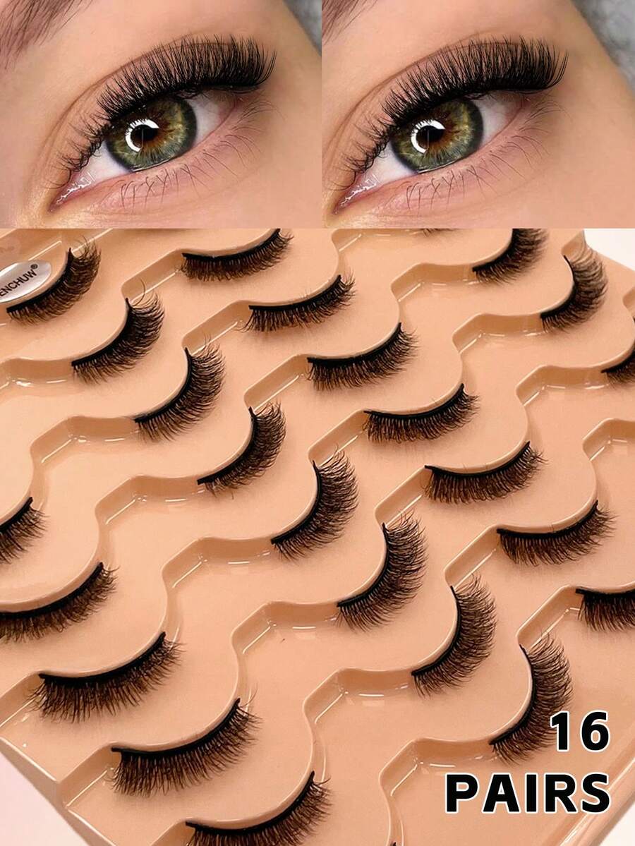 ENCHUW 16 Pairs Half Lashes Natural Look Manga Lashes False Eyelashes Wispy Curling Lashes Fake Eyelashes Suitable For Parties - Black - View 1