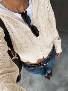 Senya Autumn/Winter New Vintage Oversized Lapel Double Zipper Cable Knit Cardigan, Loose Drop Shoulder Casual Short Commuter Sweater Fall - Apricot - View 4