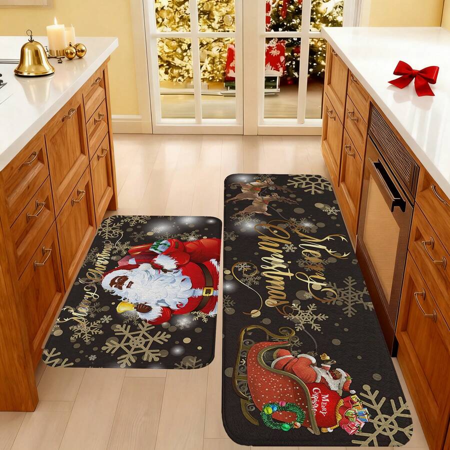 1/2/3pcs Christmas Theme Kitchen Rug, Flannel Kitchen Rug Comfortable Soft Absorbent Non-Slip Machine Washable With Non-Slip Backing Suitable For Multiple Scenes Entrance Living Room Bedroom Kitchen Dining Room Bathroom Laundry Room Hallway Home Decor Christmas Holiday Decoration Multi-Functional Mat - Multicolor - View 1
