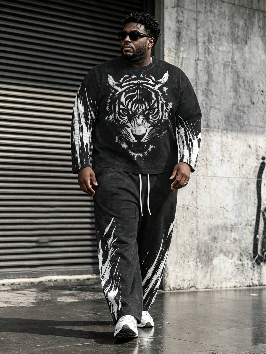 Plus Size Men's 2 Pieces Set, Men's Wide Leg Pants, Long Sleeve Graphic T-Shirt, Streetwear "Tiger Head Brushstroke Flame Print" Pattern Outfit - Polyester Fabric, Drawstring, Pockets, Suitable For Plus Size - Black - View 1