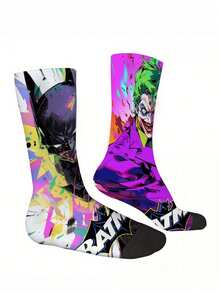Warner Bros 1/2 Pairs Creative Street Clown Batman Cartoon Jacquard Unisex Mid-Calf Socks, Fun Halloween Gift - Multicolor - View 2