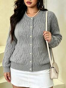 Plus Size Women's Autumn/Winter Loose Cable Knit Cardigan, Pearl Button Round Neck Slimming Long Sleeve Soft Warm Casual Knit Jacket - Grey - View 4