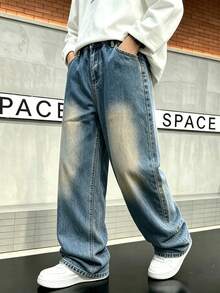 Boys' Washed Versatile Straight Leg Denim Jeans, Teen Student American Style Spring/Autumn New Loose High Street Casual Long Pants - Medium Wash - View 1