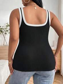 1pc All-Season Plus Size Color Block Trim Deep U-Back Tank Top, 2-In-1 Built-In Padded Cups, Slim Fit Outerwear Base Layer Sleeveless Top - Black - View 4