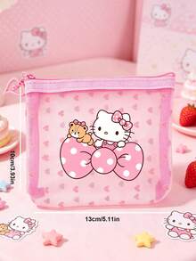 SANRIO Mini Cable & Coin Storage Pouch, Cute Hello Kitty Heart Pattern Mesh Zipper Storage Bag, Transparent Multi-Purpose Storage Bag, Portable Makeup Bag, Transparent First Aid Kit - Multicolor - View 5