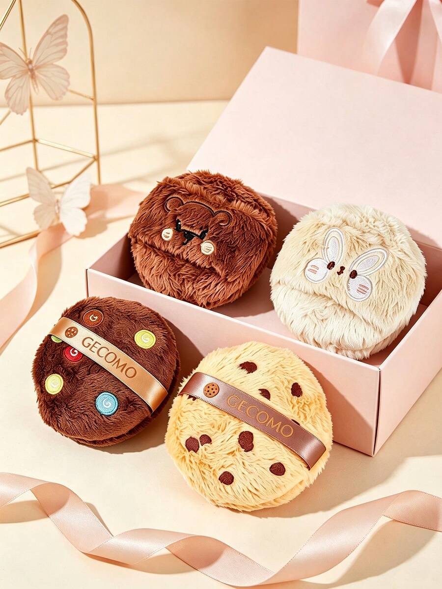 1pc Round Plush Makeup Powder Puff, Embroidered Cookie Pattern, Effective For Applying Setting Powder, Multi-Functional Makeup Sponge, Women's Cosmetic, Women's Gift, Suitable For Vanity, Daily Beauty And Holiday Gifting Occasions