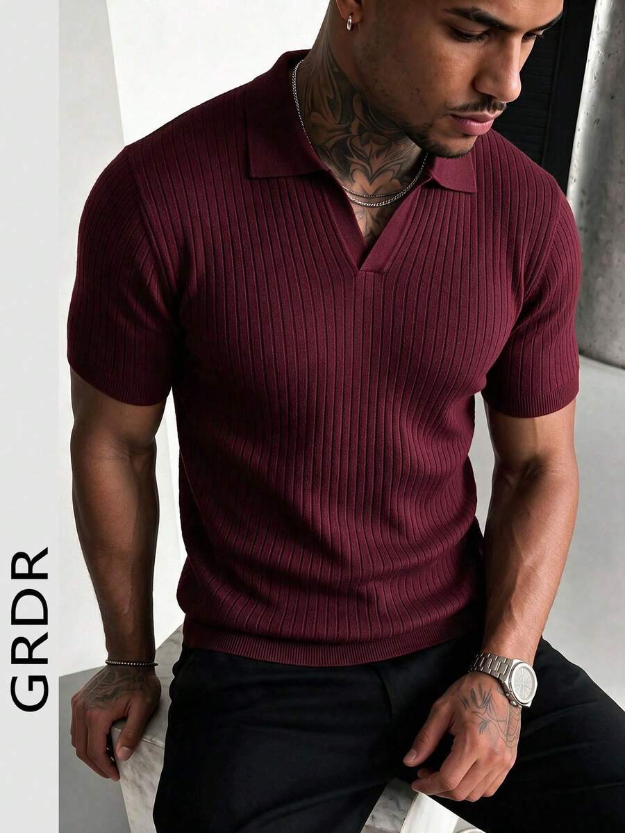 GRDR Men's Summer Knit Polo Shirt, Solid Color Short Sleeve Knitted Collar, Suitable For Summer Outings, Essential For Fashionable Outfit