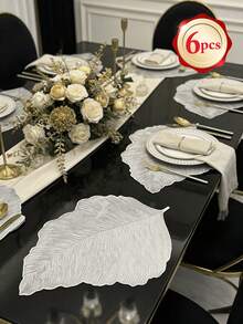 1-12pcs Gold Leaf Vein Heat-Insulated Placemats, Vintage Luxury PVC Asymmetrical Leaf Shape Waterproof Table Mats For Wedding, New Year, Family Gathering Table Decor - Multicolor - View 12