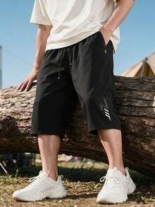 Loose Fit 7/10 Length Men's Summer Casual Sports Pants With Elastic Waist Drawstring And Zipper Pockets - Black - View 5