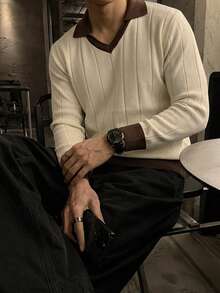 WAIT HIM 男士秋冬拼接配色POLO領長袖寬鬆休閒毛衣 - 米色 - 查看 2